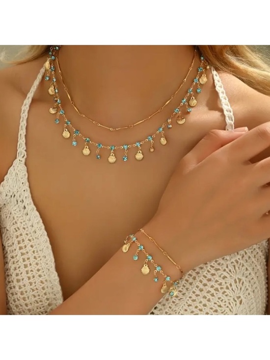 Jewelry - Blue Crystal & Shell Gold Toned Necklace & Bracelet Set